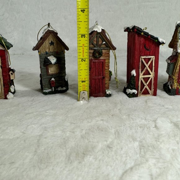 Set of 6 Christmas hanging ornaments Outhouses Resin 3 1/2" tall different style - Picture 10 of 12